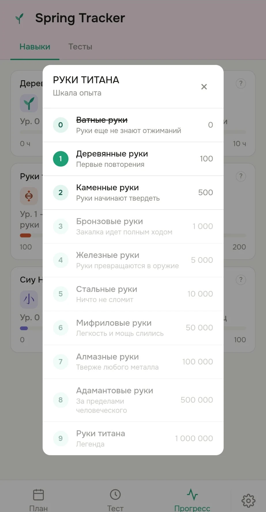 Шкала опыта и уровни навыка в Spring Tracker